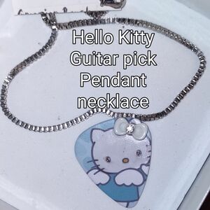Hello Kitty w/ Bow Light Blue Guitar Pick Pendant Hand Crafted Necklace